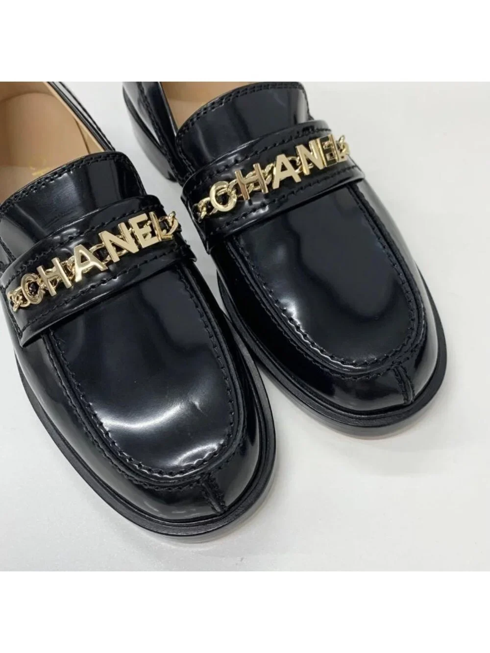 Chanel Patent Logo CC Chain Loafers Black
